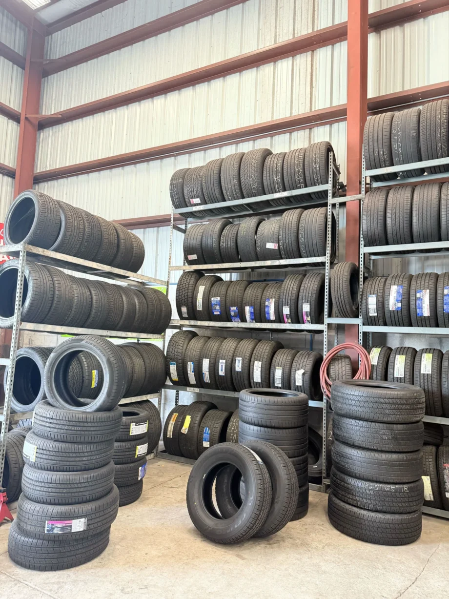 Warehouse racks filled with various car tires