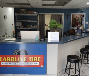 Tire shop reception counter with stools